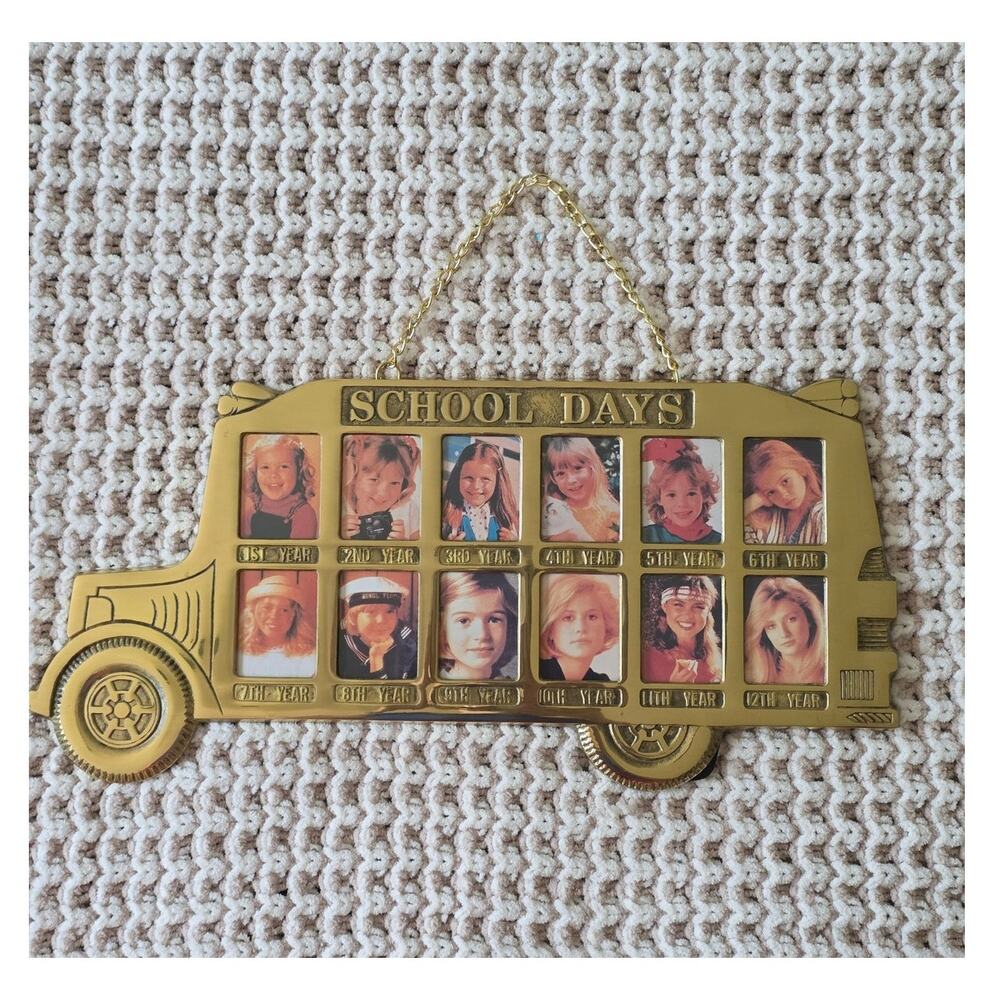 NIB VTG Solid School Bus Picture Frame Through The Years 1st -12th Hang or Easel